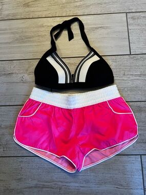 Skye Swimwear Black and White Halter Bikini Top & Hot Pink OP Swim Shors